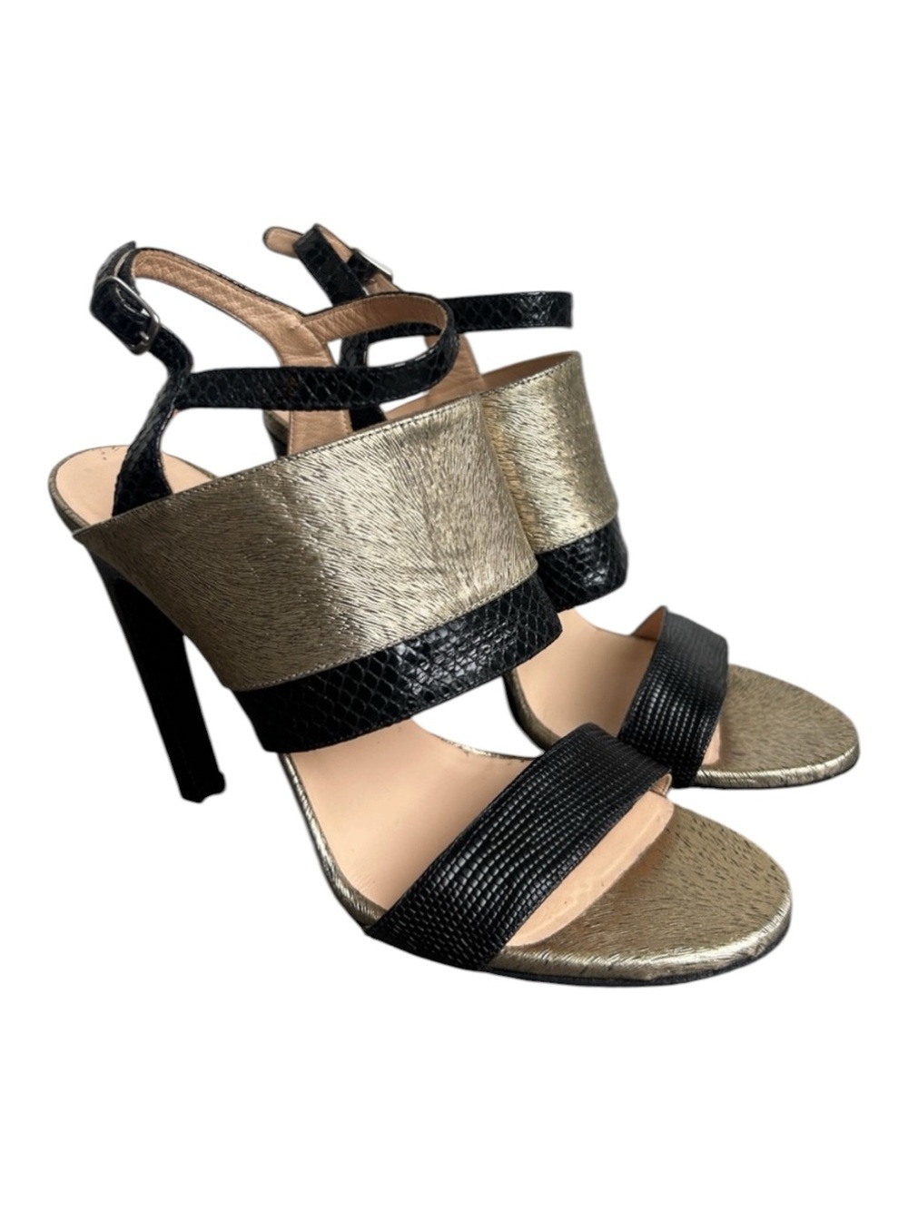 Dries Van Noten Metallic Gold Black Snake Ankle Strap Stiletto Heels Size 40
